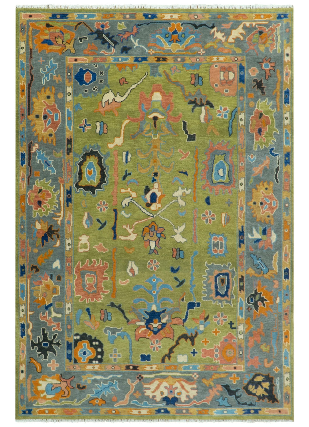 Custom Made Green, Gray and Peach Colorful Hand knotted Traditional Oushak wool Area Rug - The Rug Decor