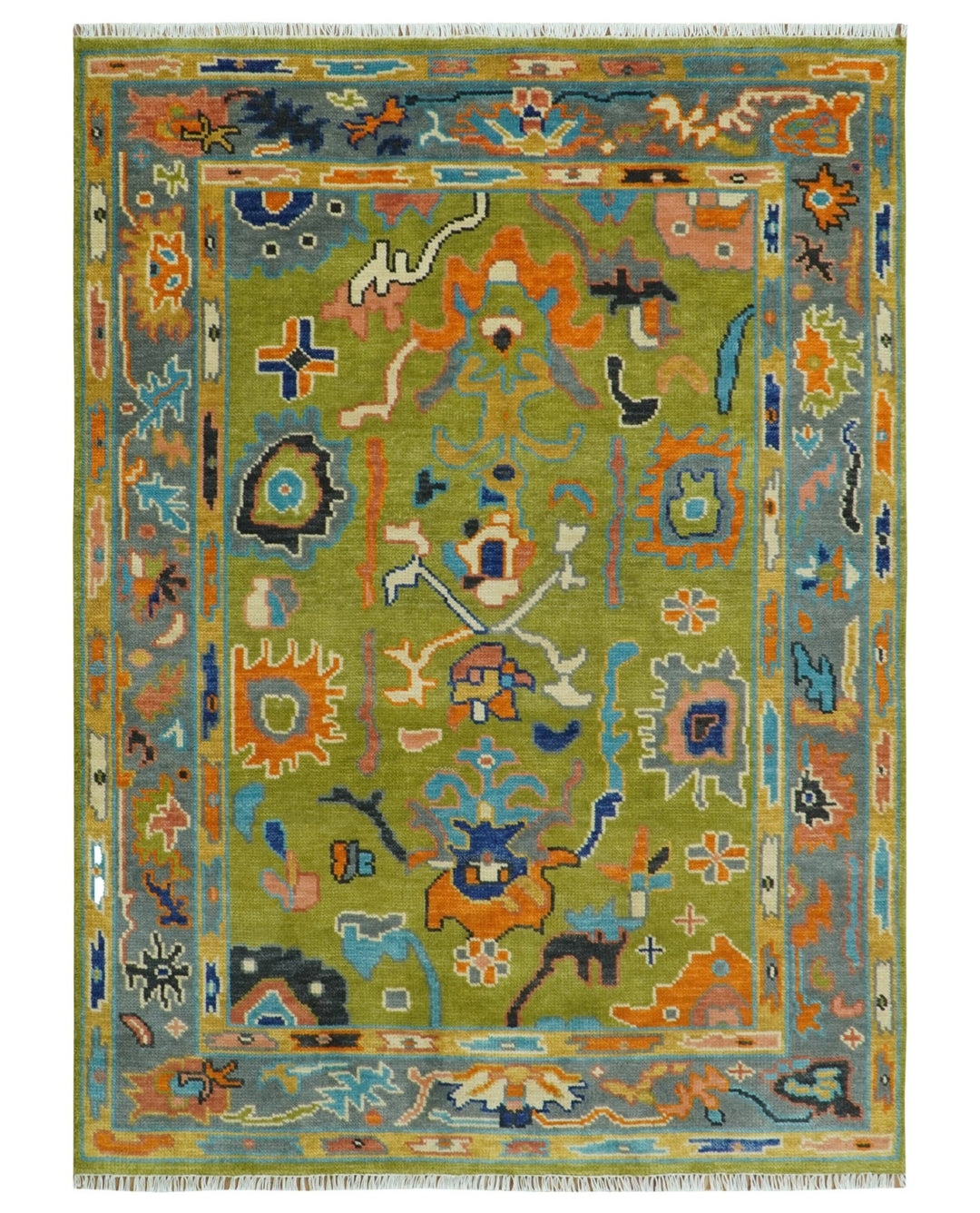 Custom Made Green, Gray and Peach Colorful Hand knotted Traditional Oushak wool Area Rug - The Rug Decor