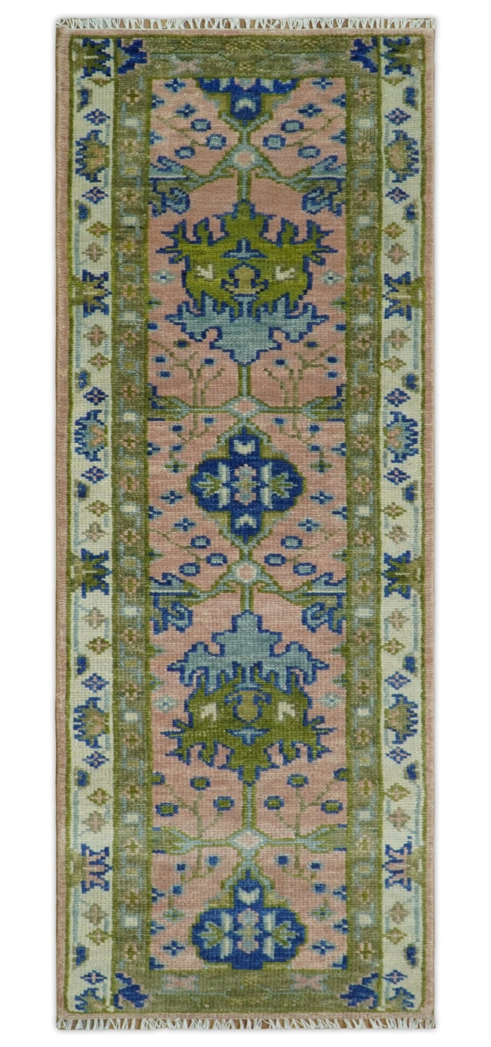 Custom Made Hand knotted Peach, Green and Blue Antique Design Area Rug - The Rug Decor