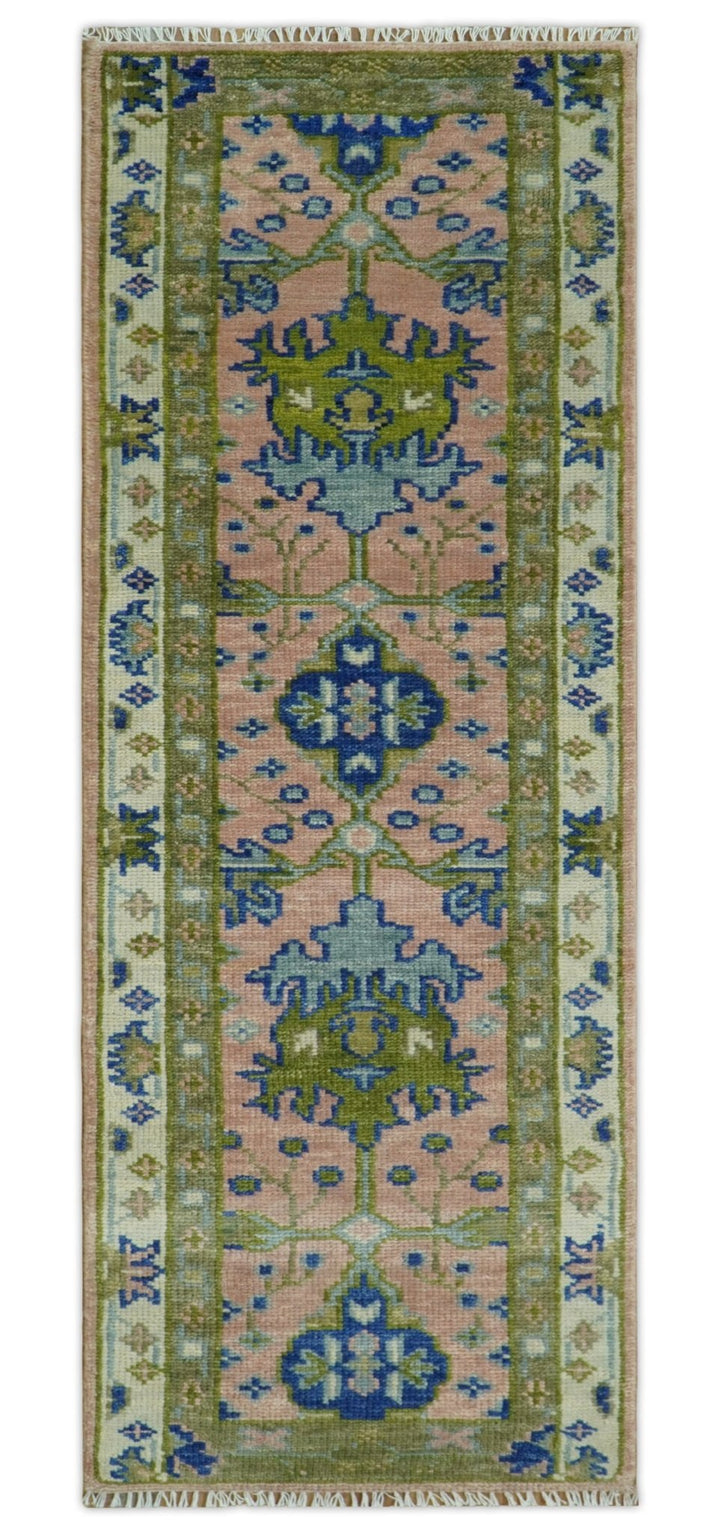 Custom Made Hand knotted Peach, Green and Blue Antique Design Area Rug - The Rug Decor