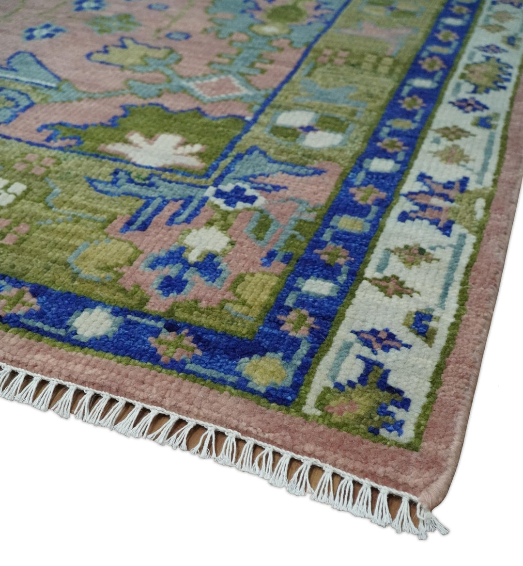 Custom Made Hand knotted Peach, Green and Blue Antique Design Area Rug - The Rug Decor