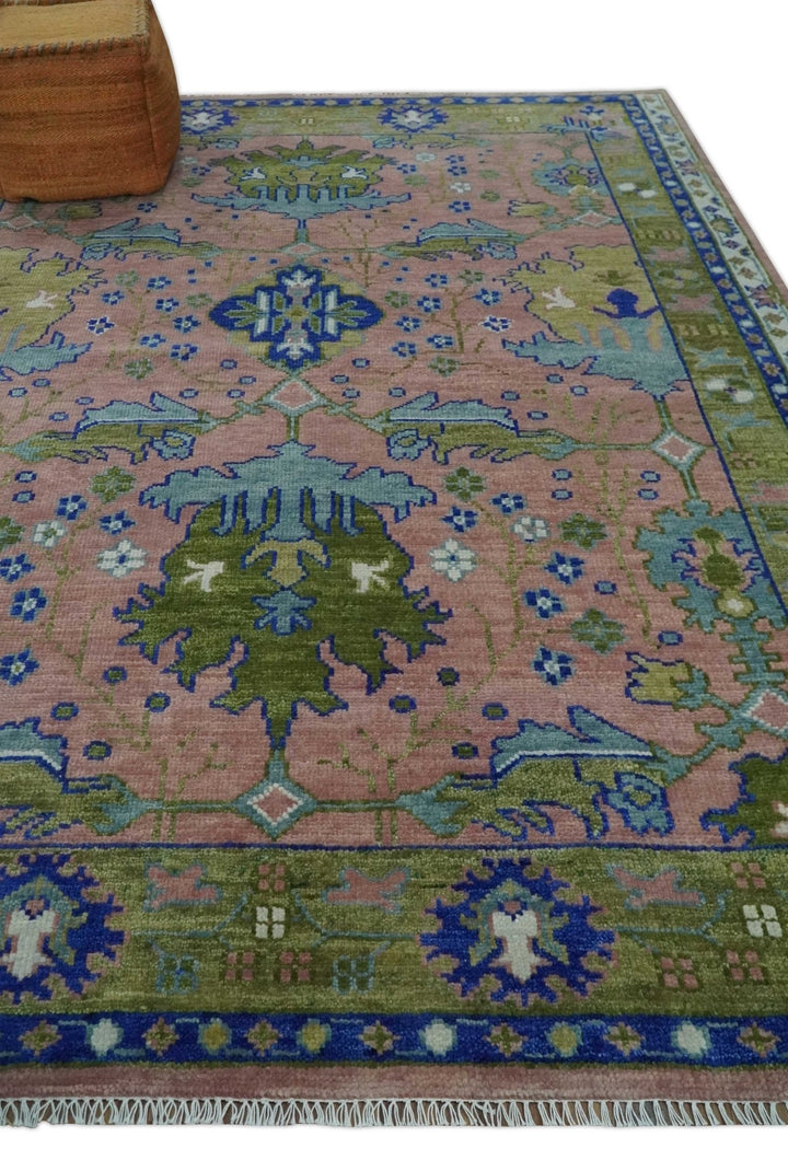 Custom Made Hand knotted Peach, Green and Blue Antique Design Area Rug - The Rug Decor