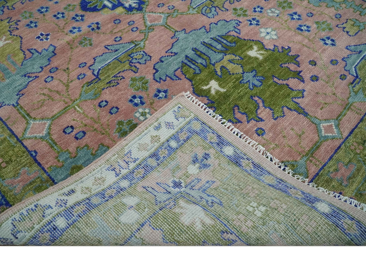 Custom Made Hand knotted Peach, Green and Blue Antique Design Area Rug - The Rug Decor