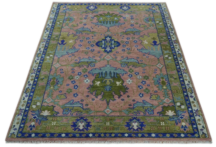 Custom Made Hand knotted Peach, Green and Blue Antique Design Area Rug - The Rug Decor