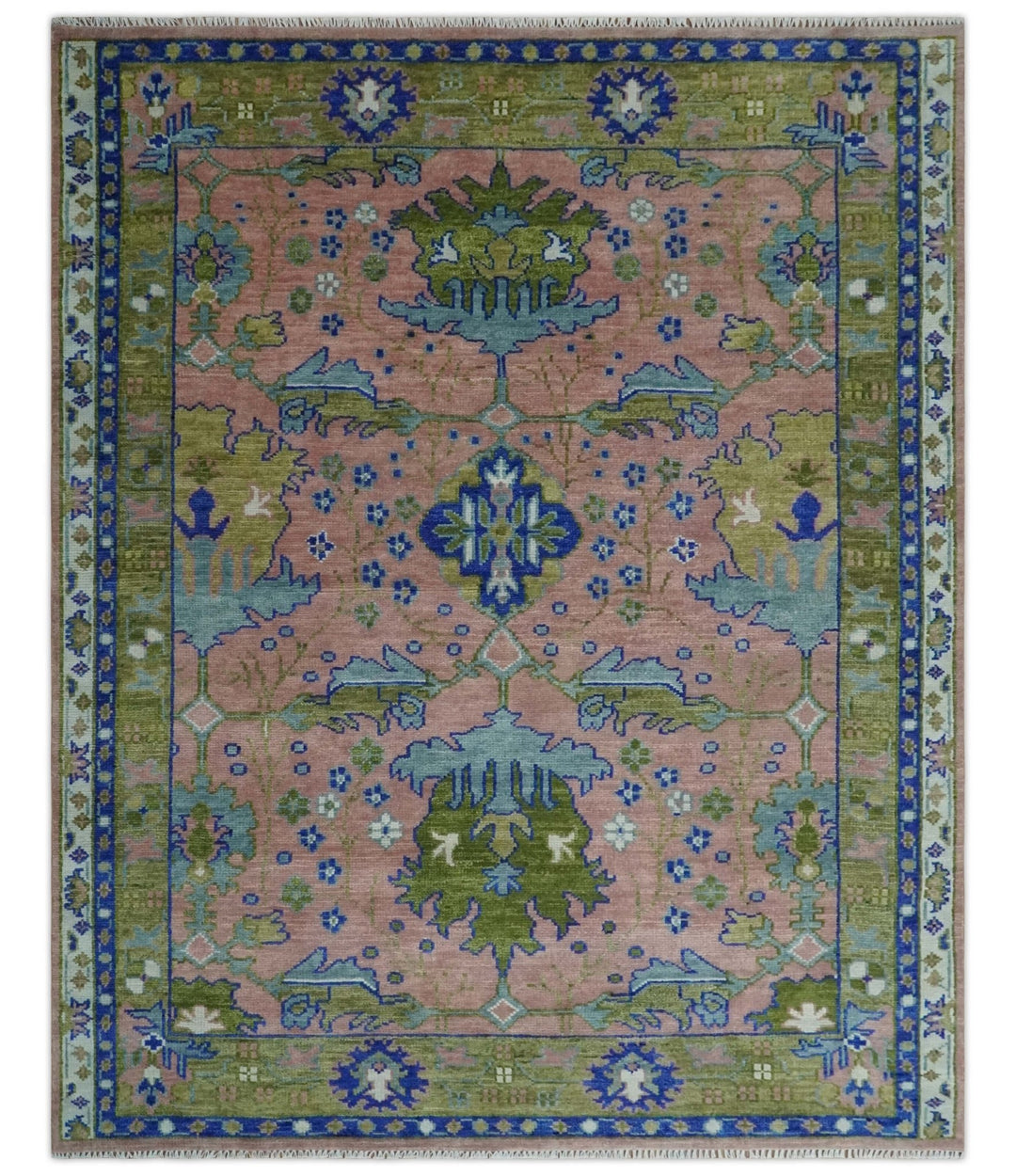 Custom Made Hand knotted Peach, Green and Blue Antique Design Area Rug - The Rug Decor