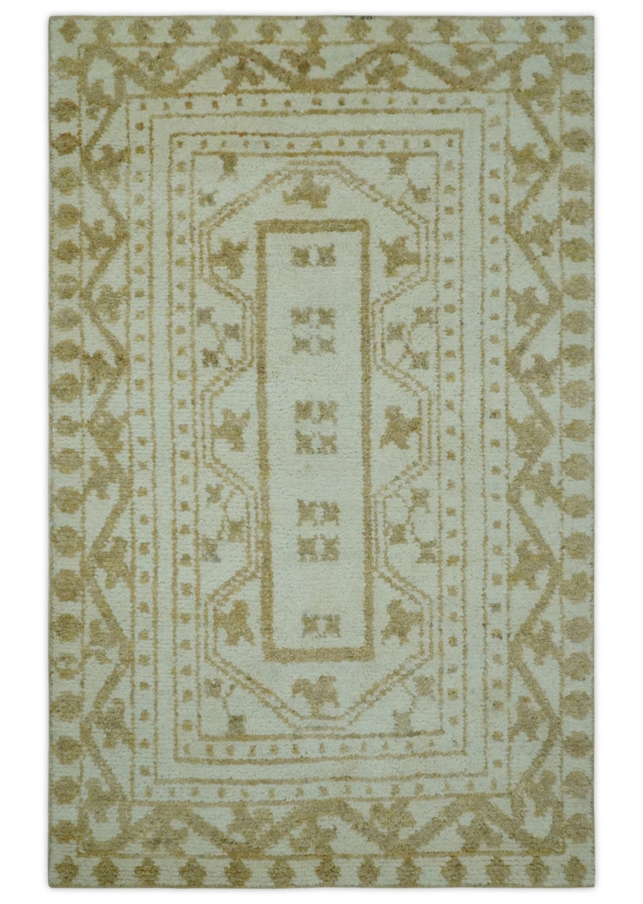Custom Made Ivory and Olive Traditional Hand Knotted wool Area Rug - The Rug Decor