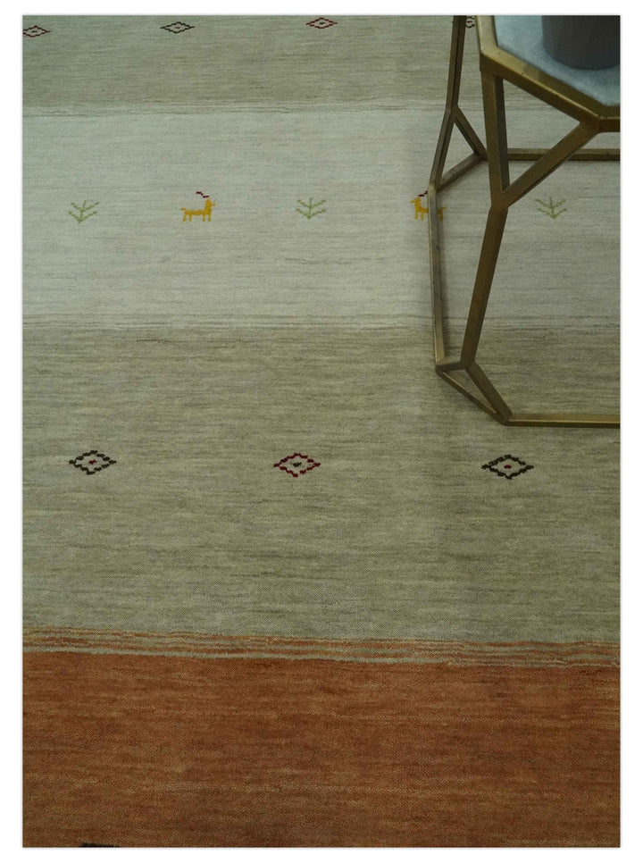 Custom Made Ivory, Beige and Rust Geometrical stripes Design Hand loom Wool Area Rug - The Rug Decor
