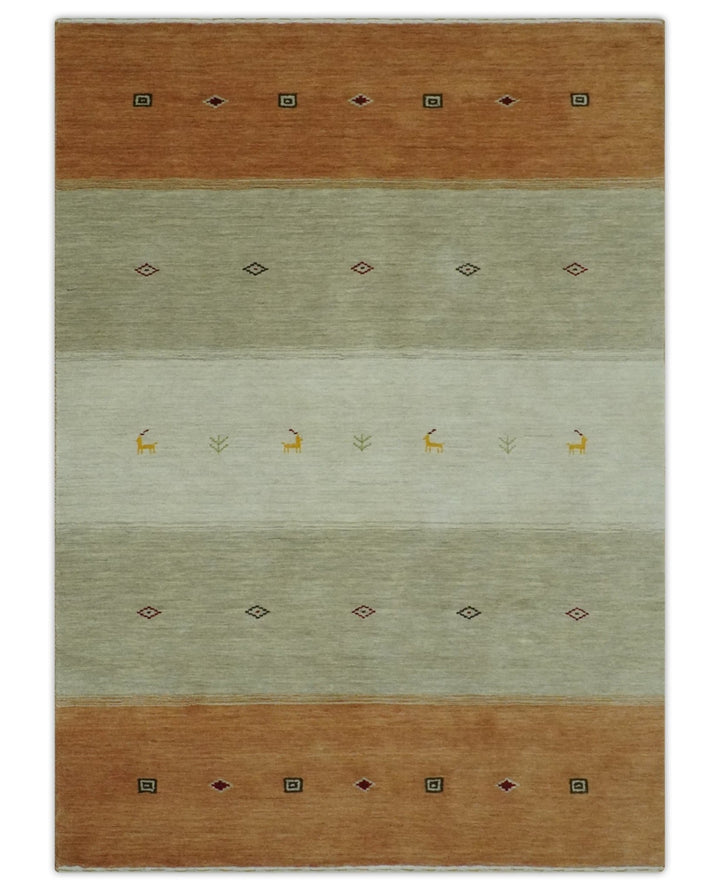 Custom Made Ivory, Beige and Rust Geometrical stripes Design Hand loom Wool Area Rug - The Rug Decor
