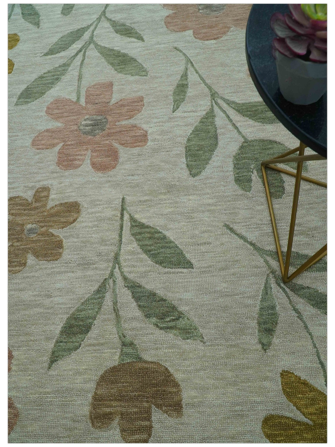 Custom Made Modern Floral Design Beige Hand Tufted Wool Area Rug - The Rug Decor