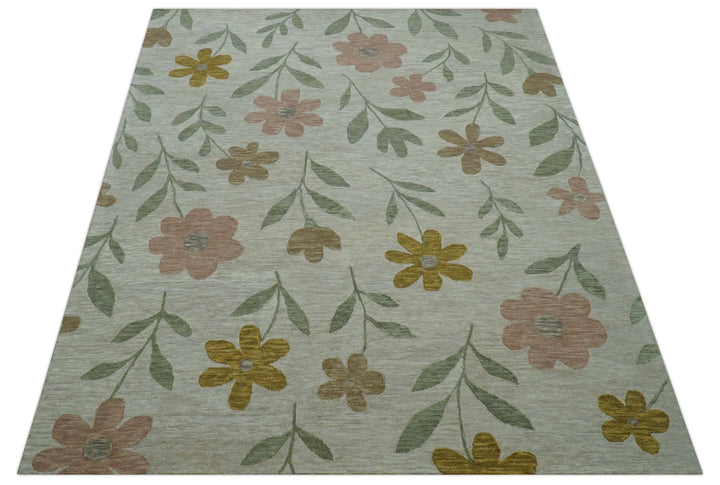 Custom Made Modern Floral Design Beige Hand Tufted Wool Area Rug - The Rug Decor