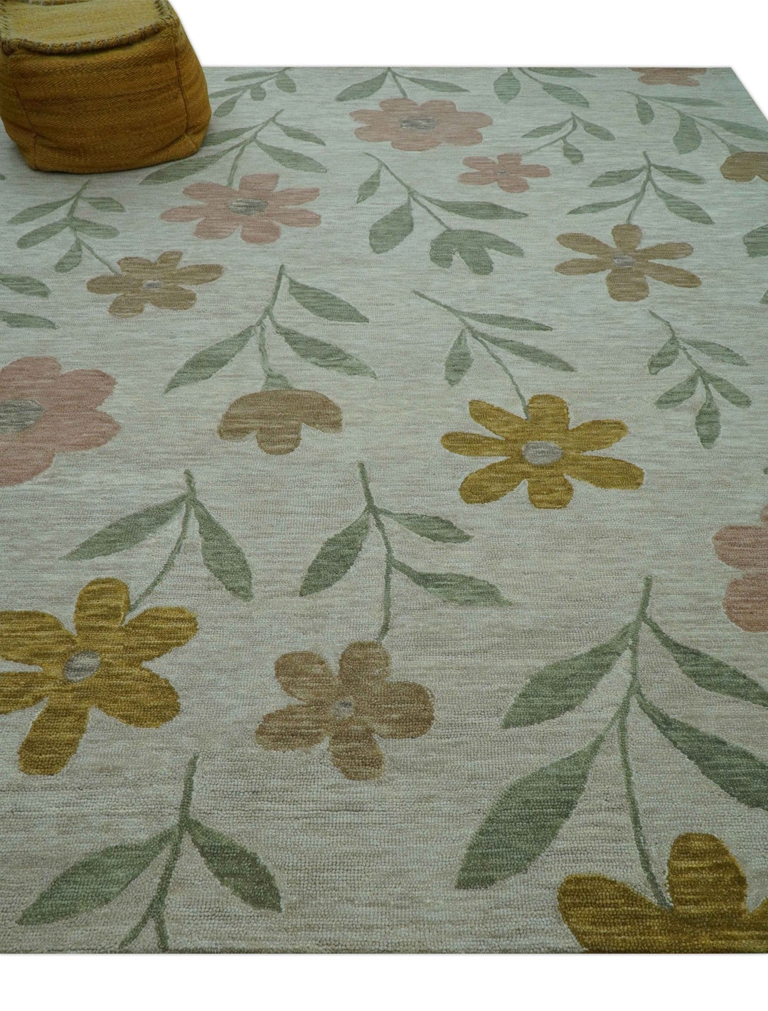 Custom Made Modern Floral Design Beige Hand Tufted Wool Area Rug - The Rug Decor