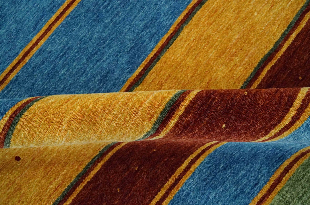 Custom Made Modern Geometrical Blue, Gold, Brown and Green Stripes Design Wool Area Rug - The Rug Decor