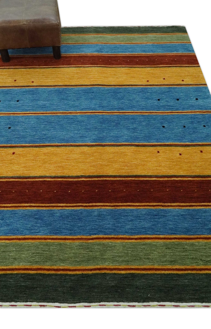 Custom Made Modern Geometrical Blue, Gold, Brown and Green Stripes Design Wool Area Rug - The Rug Decor