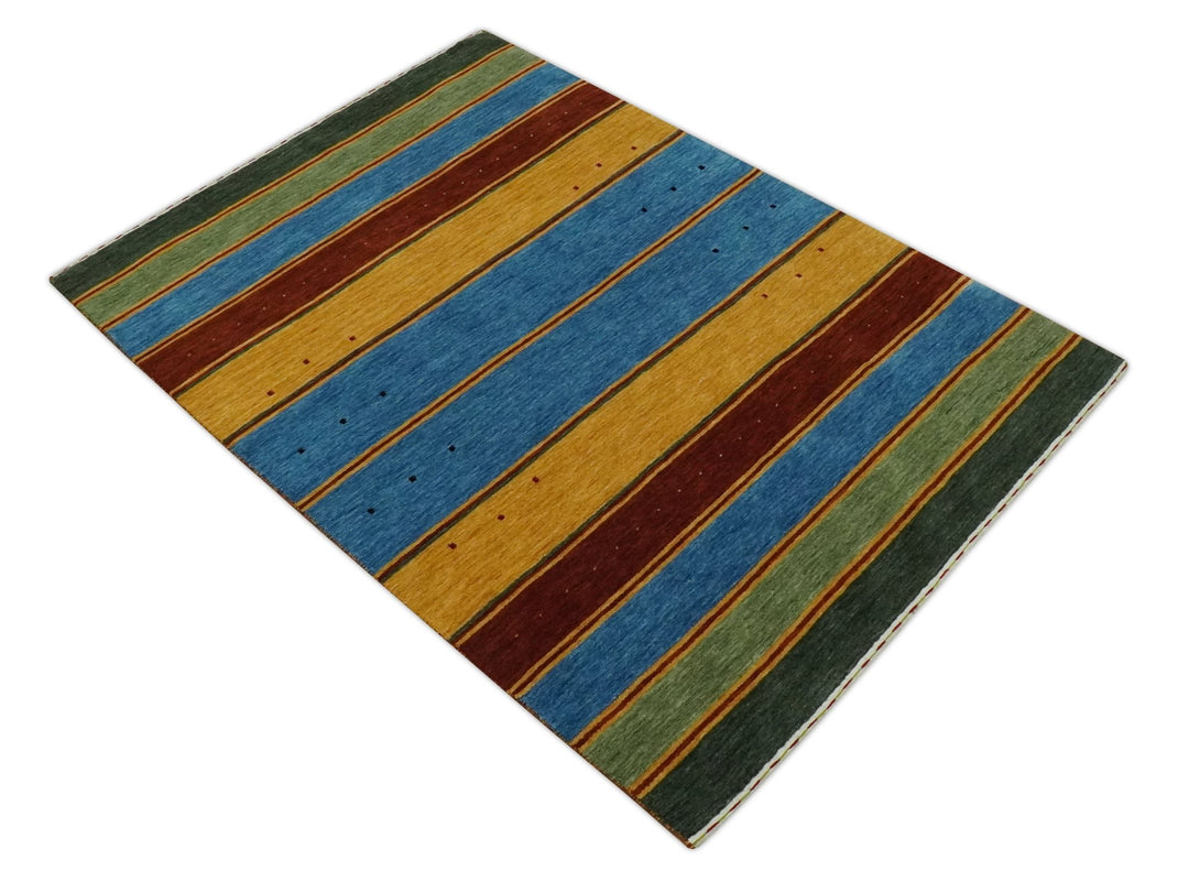 Custom Made Modern Geometrical Blue, Gold, Brown and Green Stripes Design Wool Area Rug - The Rug Decor