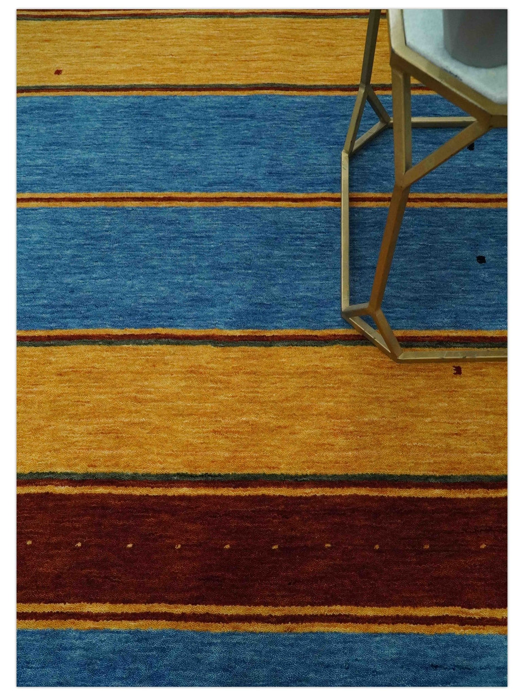 Custom Made Modern Geometrical Blue, Gold, Brown and Green Stripes Design Wool Area Rug - The Rug Decor