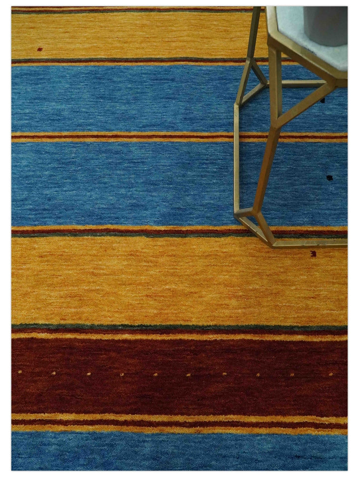 Custom Made Modern Geometrical Blue, Gold, Brown and Green Stripes Design Wool Area Rug - The Rug Decor