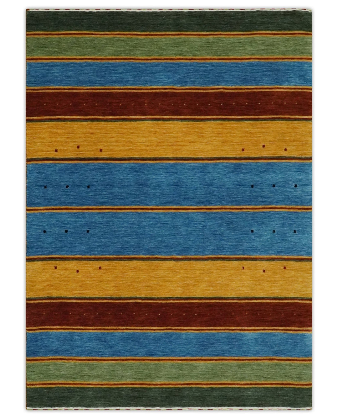 Custom Made Modern Geometrical Blue, Gold, Brown and Green Stripes Design Wool Area Rug - The Rug Decor