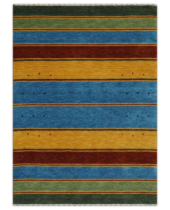 Custom Made Modern Geometrical Blue, Gold, Brown and Green Stripes Design Wool Area Rug - The Rug Decor