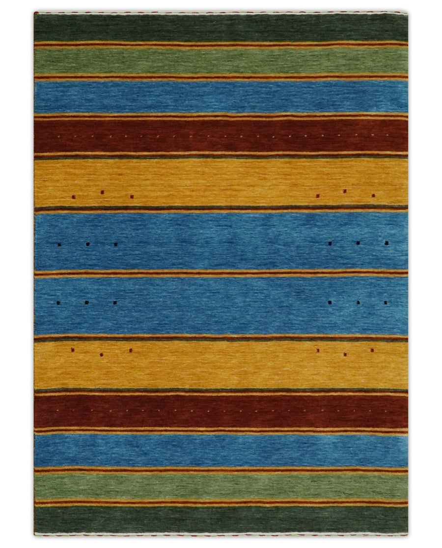Custom Made Modern Geometrical Blue, Gold, Brown and Green Stripes Design Wool Area Rug - The Rug Decor