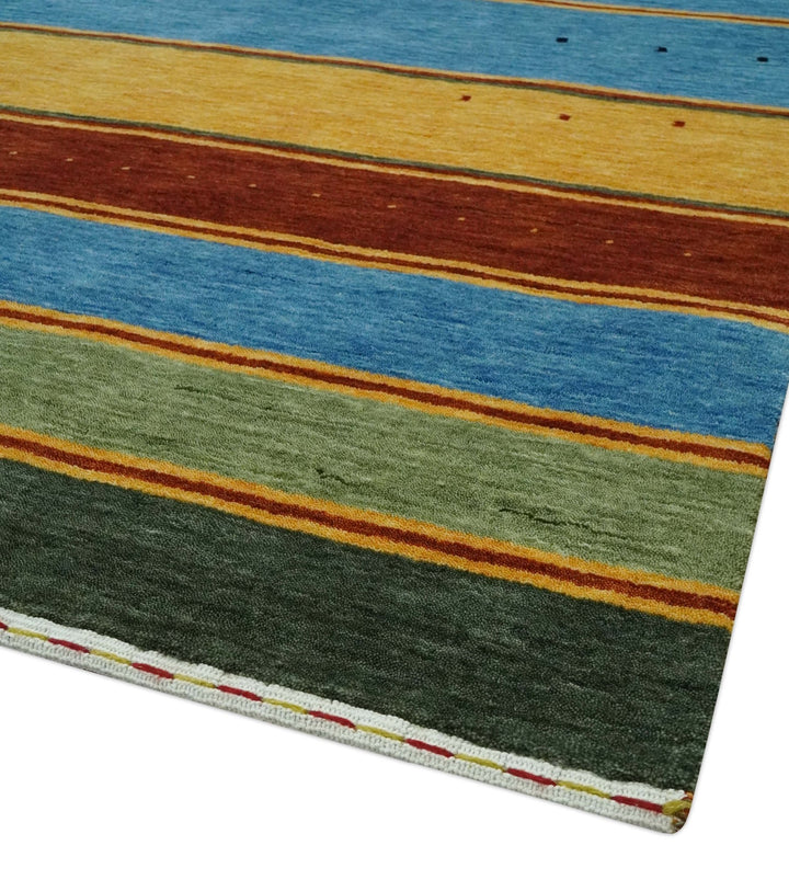 Custom Made Modern Geometrical Blue, Gold, Brown and Green Stripes Design Wool Area Rug - The Rug Decor