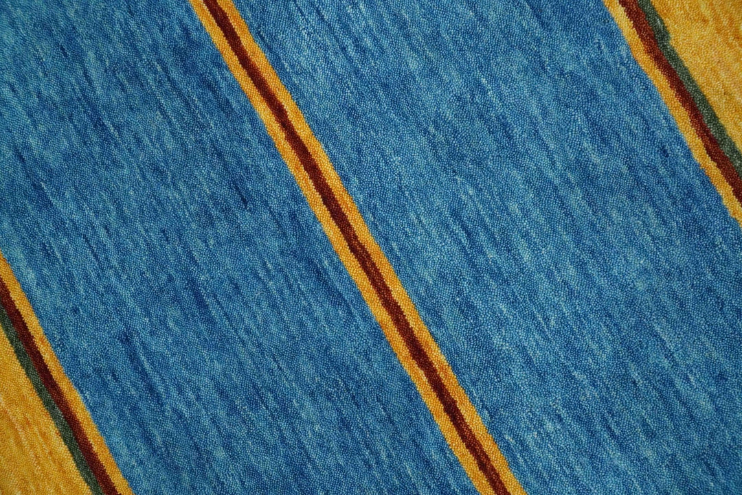 Custom Made Modern Geometrical Blue, Gold, Brown and Green Stripes Design Wool Area Rug - The Rug Decor