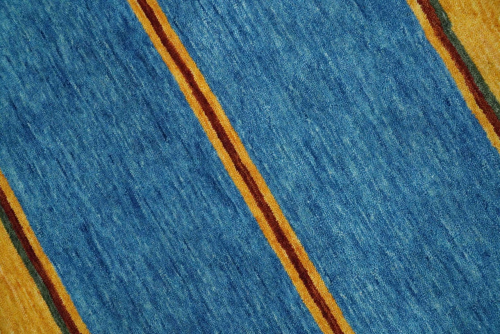 Custom Made Modern Geometrical Blue, Gold, Brown and Green Stripes Design Wool Area Rug - The Rug Decor