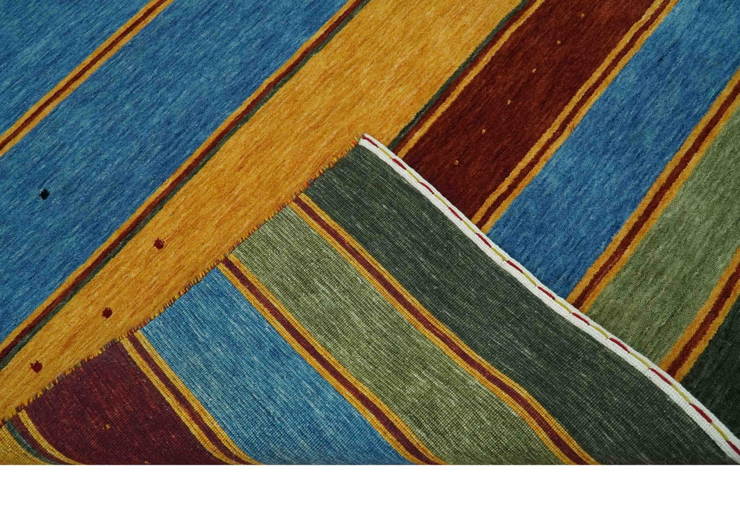 Custom Made Modern Geometrical Blue, Gold, Brown and Green Stripes Design Wool Area Rug - The Rug Decor
