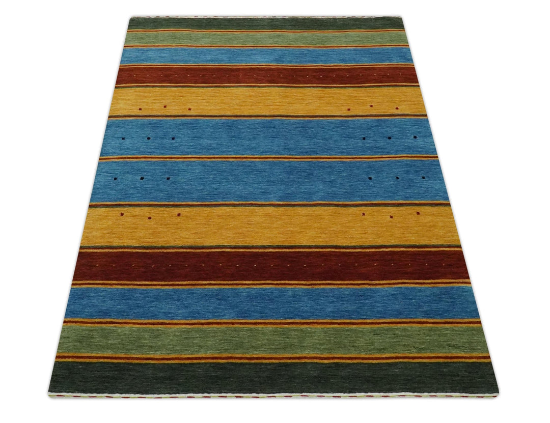 Custom Made Modern Geometrical Blue, Gold, Brown and Green Stripes Design Wool Area Rug - The Rug Decor