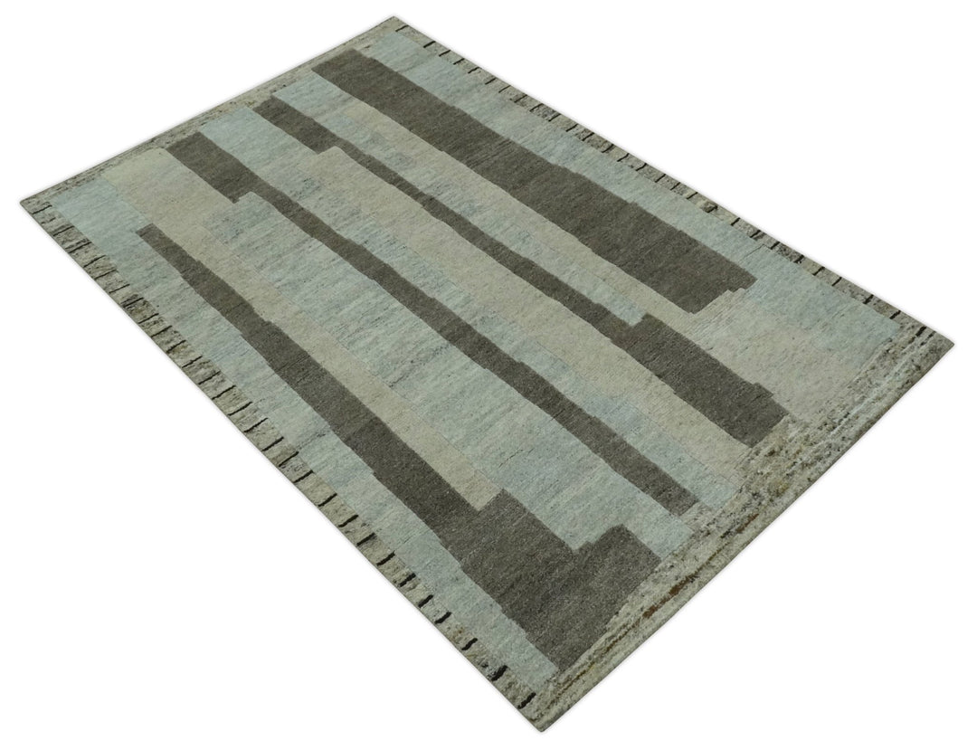 Custom Made Modern Geometrical Silver, Ivory and Charcoal Hand Knotted Wool area Rug - The Rug Decor