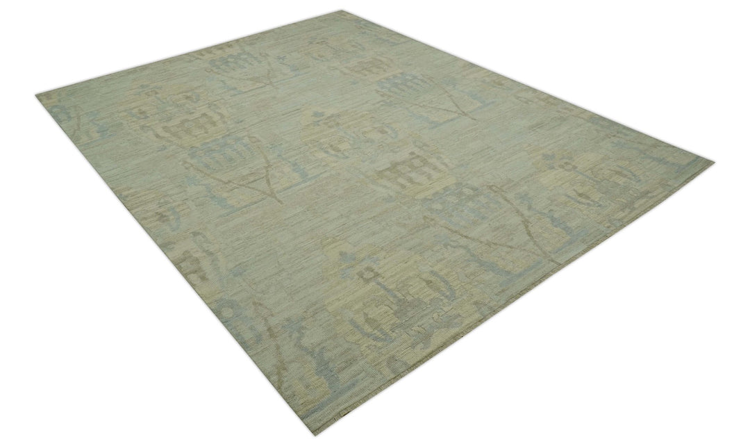 Custom Made Modern Ikat Design Beige And Blue Hand Knotted Wool Area Rug - The Rug Decor