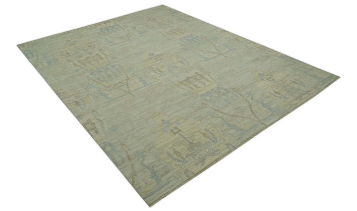 Custom Made Modern Ikat Design Beige And Blue Hand Knotted Wool Area Rug - The Rug Decor