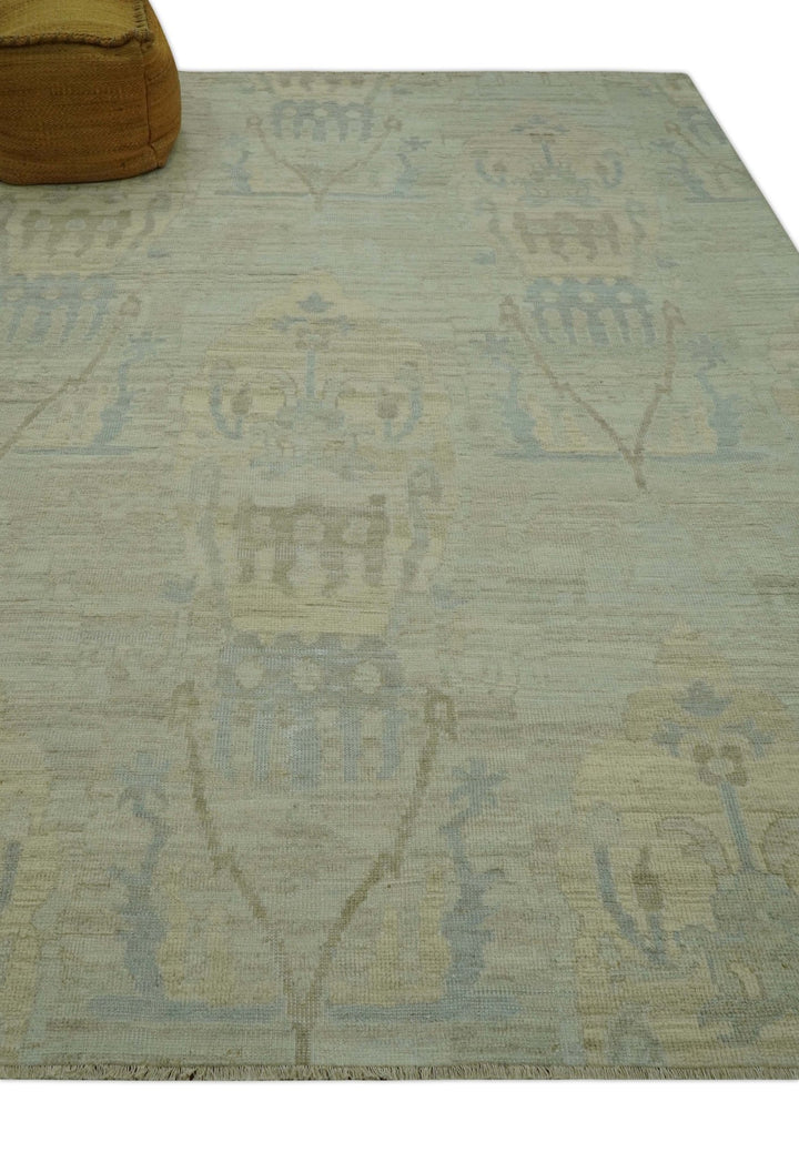 Custom Made Modern Ikat Design Beige And Blue Hand Knotted Wool Area Rug - The Rug Decor