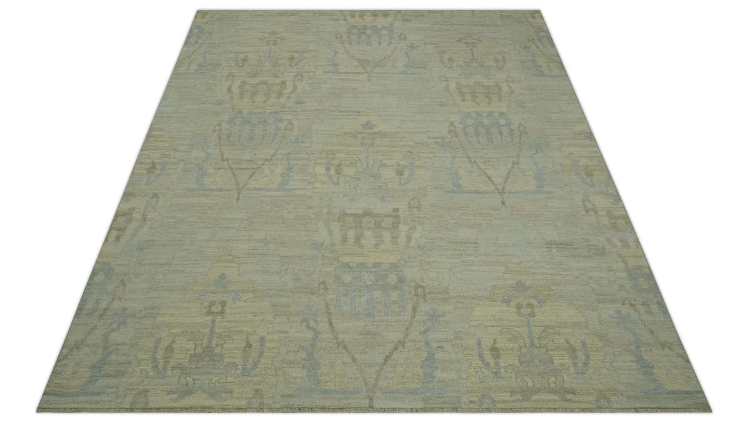Custom Made Modern Ikat Design Beige And Blue Hand Knotted Wool Area Rug - The Rug Decor