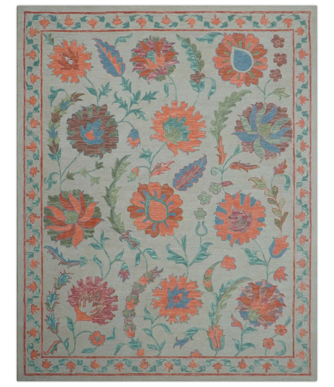 Custom Made Oriental Uzbek Design Floral Beige Hand Tufted Wool Area Rug - The Rug Decor