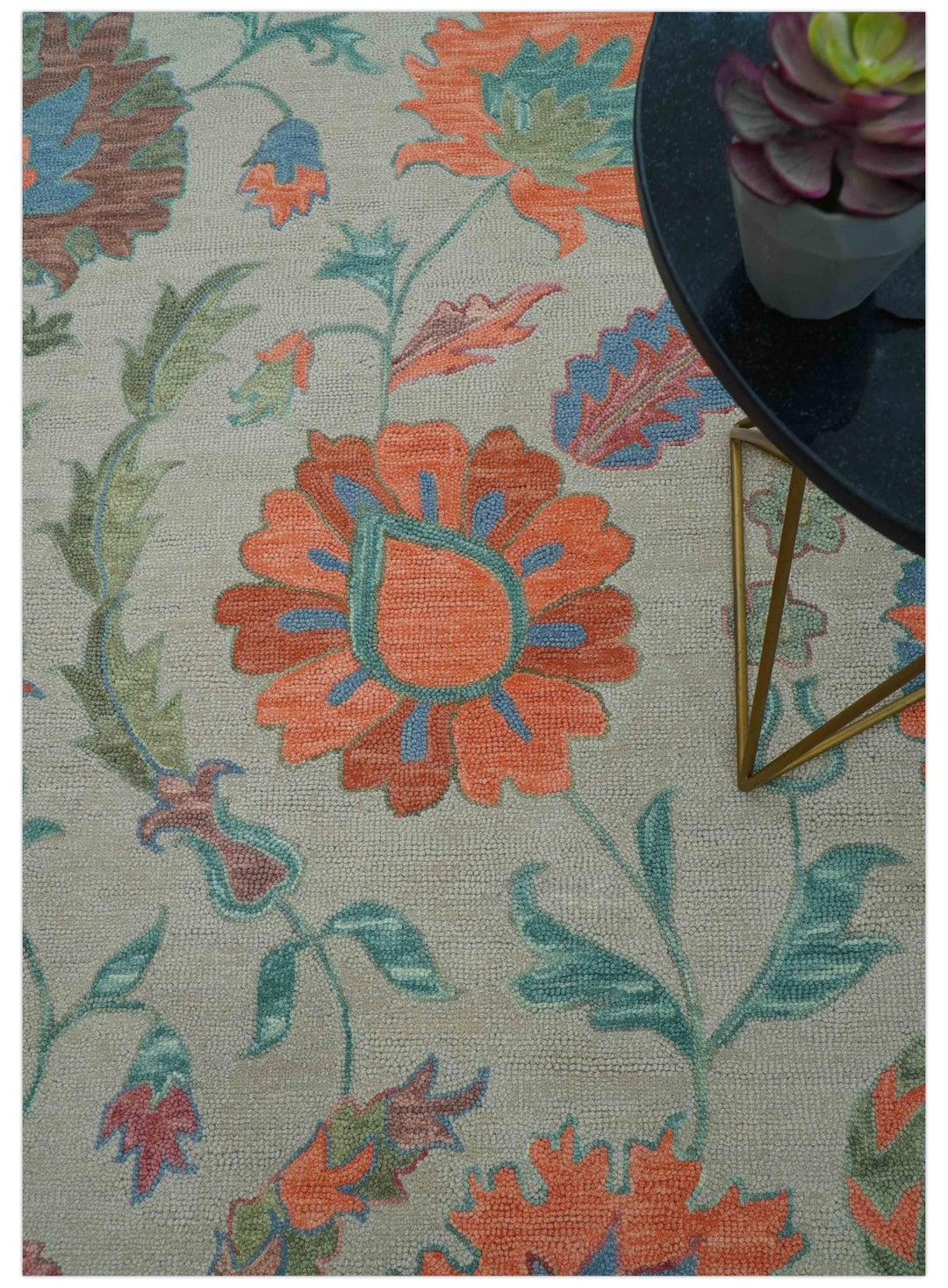 Custom Made Oriental Uzbek Design Floral Beige Hand Tufted Wool Area Rug - The Rug Decor