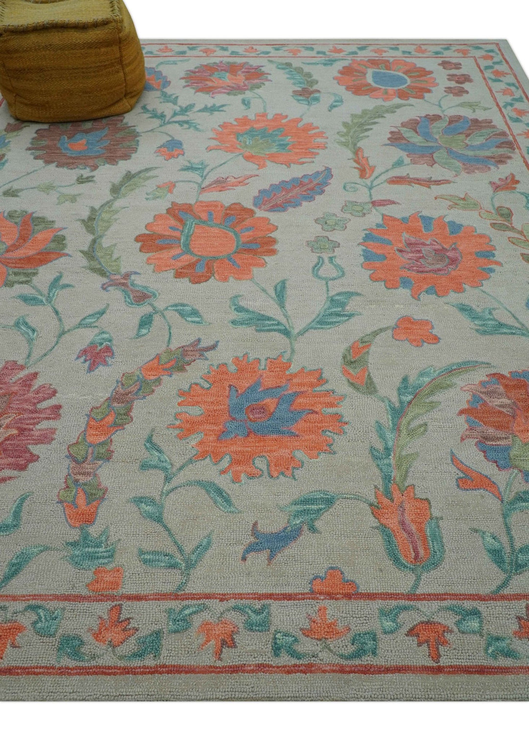 Custom Made Oriental Uzbek Design Floral Beige Hand Tufted Wool Area Rug - The Rug Decor