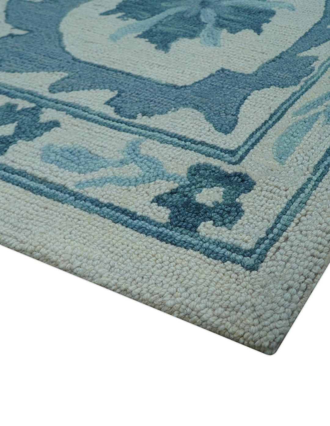 Custom Made Oriental Uzbek Design Floral Ivory And Blue Hand Tufted Wool Area Rug - The Rug Decor