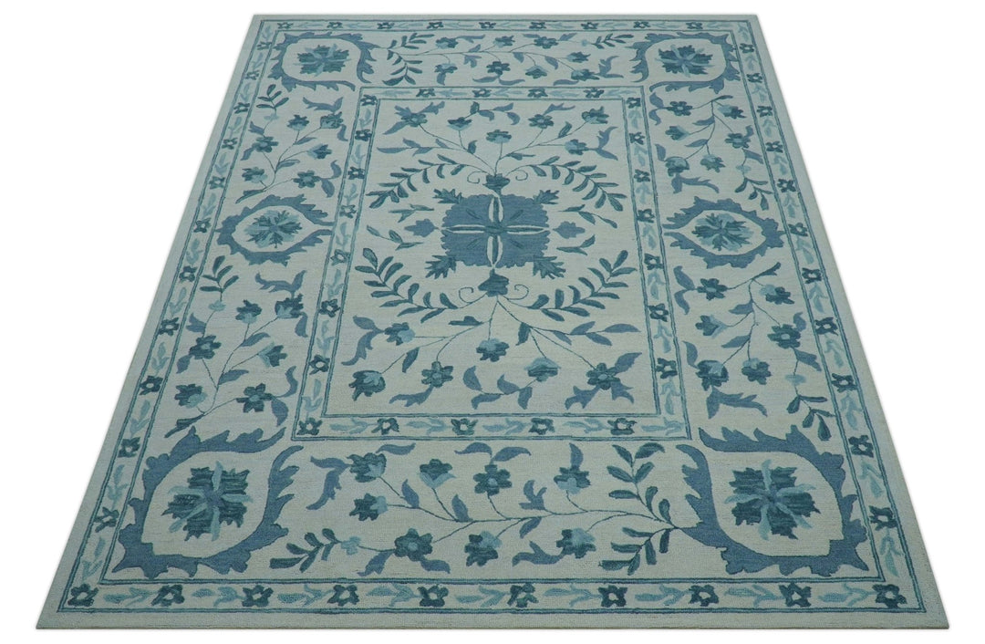 Custom Made Oriental Uzbek Design Floral Ivory And Blue Hand Tufted Wool Area Rug - The Rug Decor