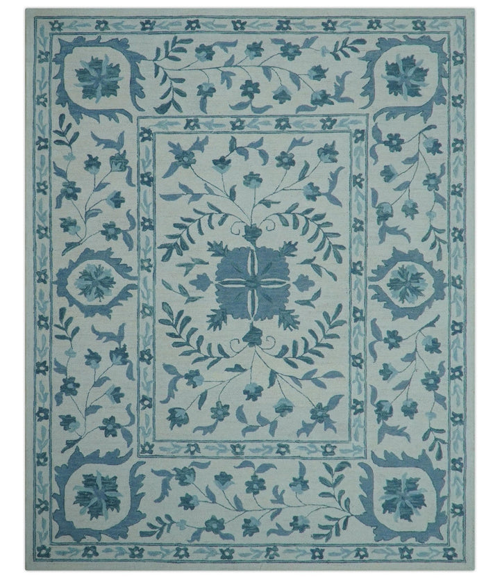 Custom Made Oriental Uzbek Design Floral Ivory And Blue Hand Tufted Wool Area Rug - The Rug Decor