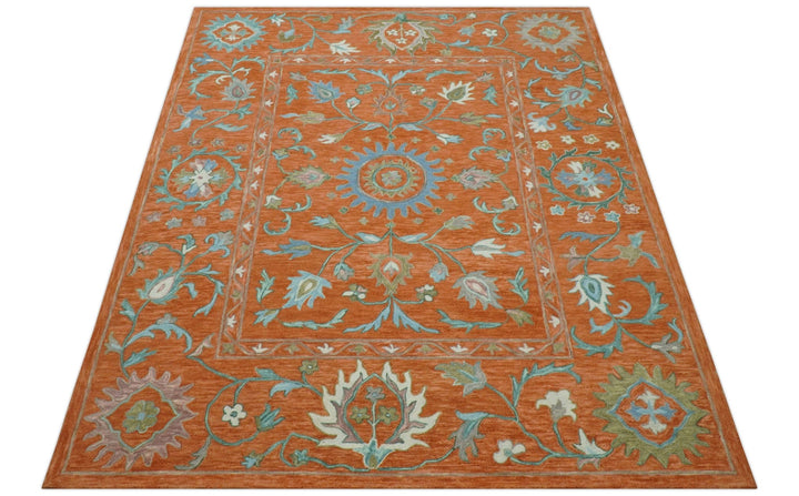 Custom Made Oriental Uzbek Design Floral Rust Hand Tufted Wool Area Rug - The Rug Decor