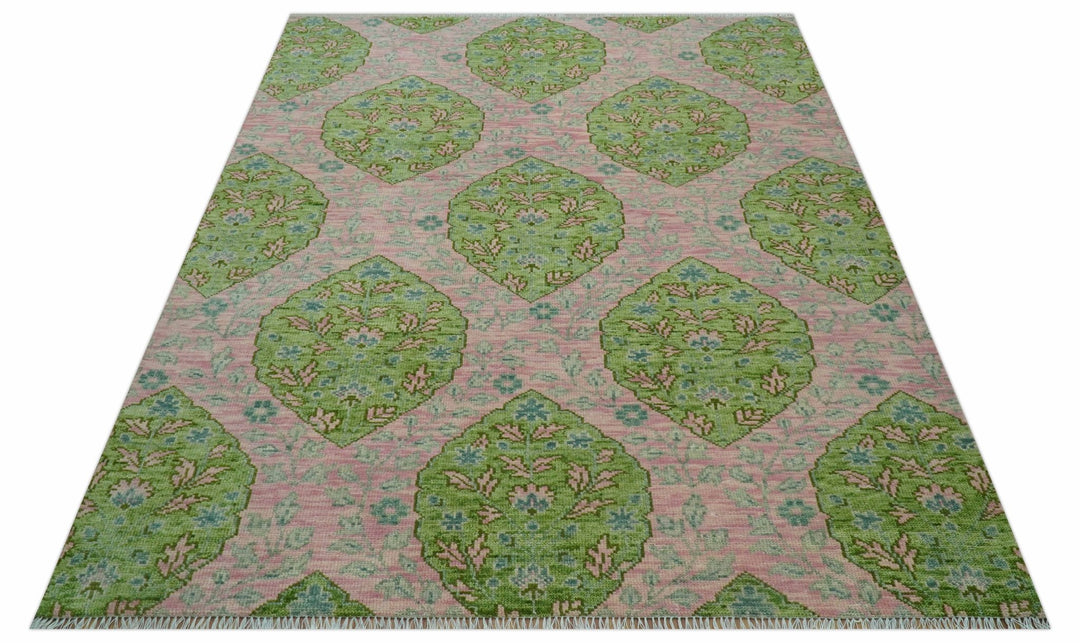 Custom Made Pink And Green Traditional Floral Motifs Design Hand Knotted wool area rug - The Rug Decor