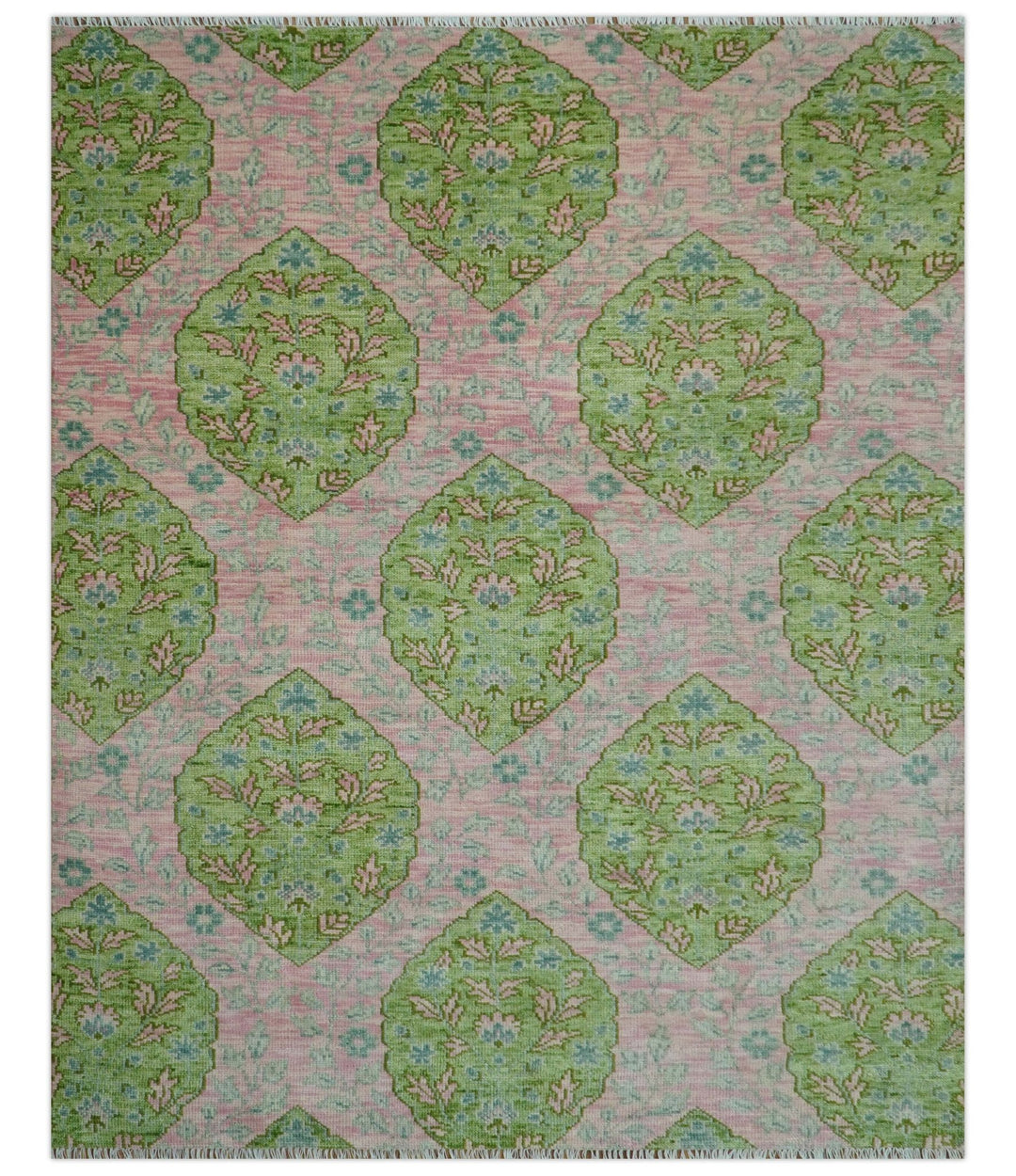 Custom Made Pink And Green Traditional Floral Motifs Design Hand Knotted wool area rug - The Rug Decor