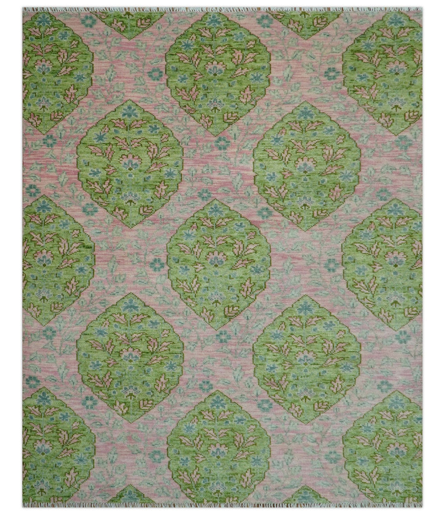 Custom Made Pink And Green Traditional Floral Motifs Design Hand Knotted wool area rug - The Rug Decor