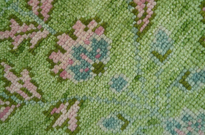 Custom Made Pink And Green Traditional Floral Motifs Design Hand Knotted wool area rug - The Rug Decor