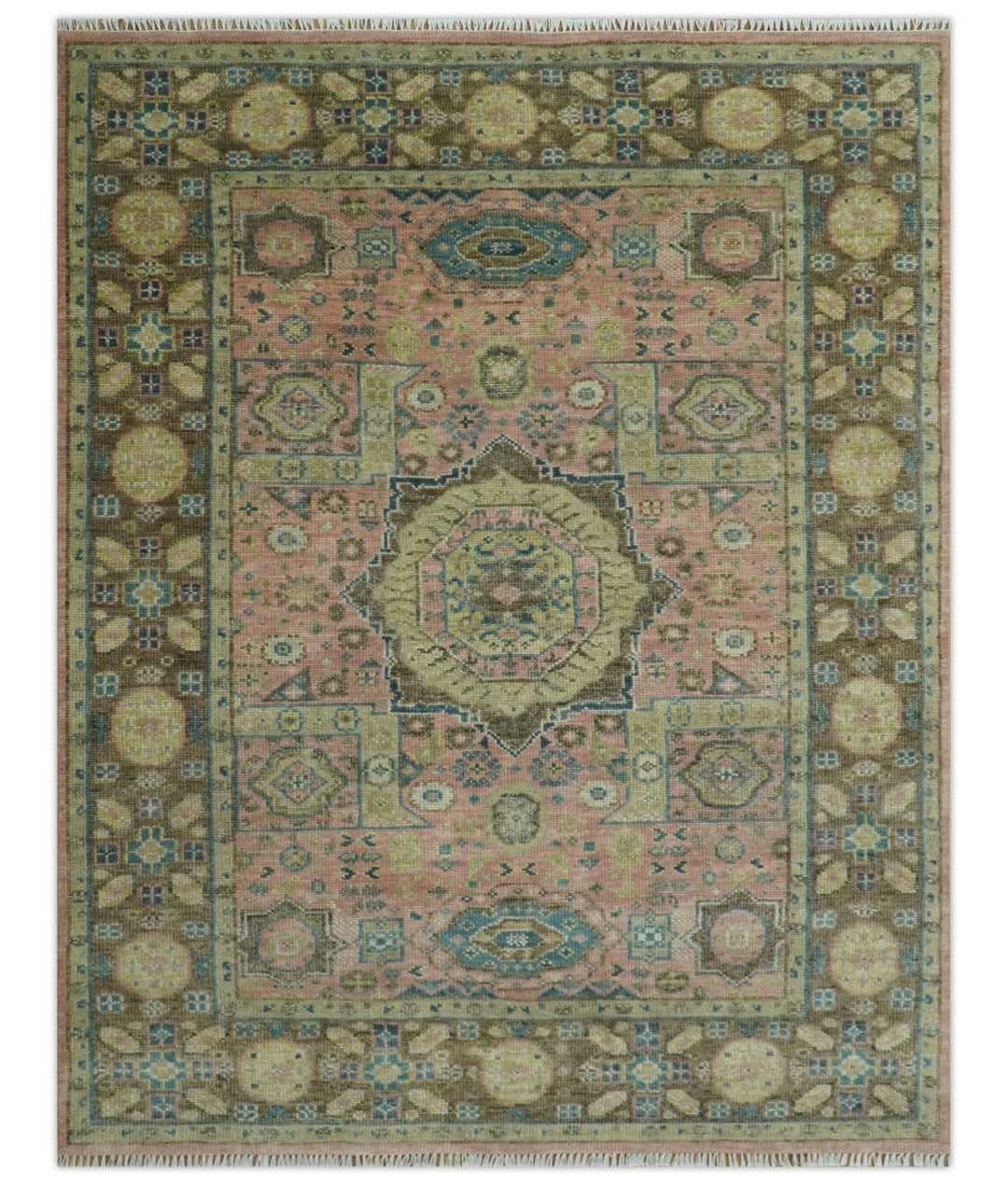 Custom Made Pink, Beige and Olive Hand knotted Medallion Mamluk Multi Size wool Area Rug - The Rug Decor