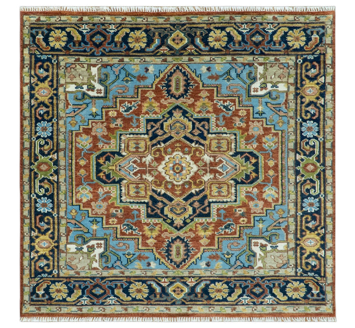 Custom Made Rust and Blue Traditional Medallion Hand Knotted Wool Area Rug - The Rug Decor