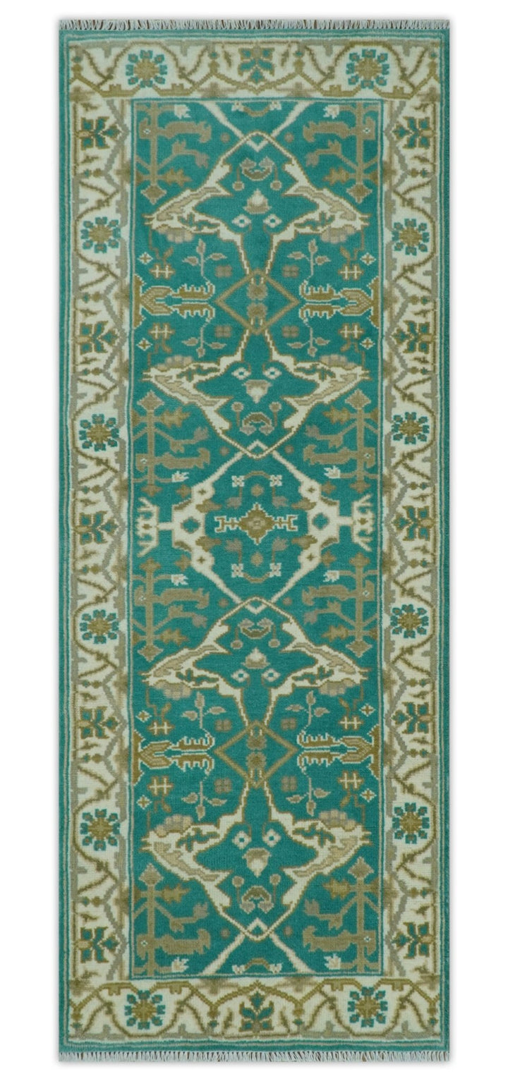 Custom Made Teal and Ivory Hand knotted Oriental Oushak Multi Size wool Area Rug - The Rug Decor