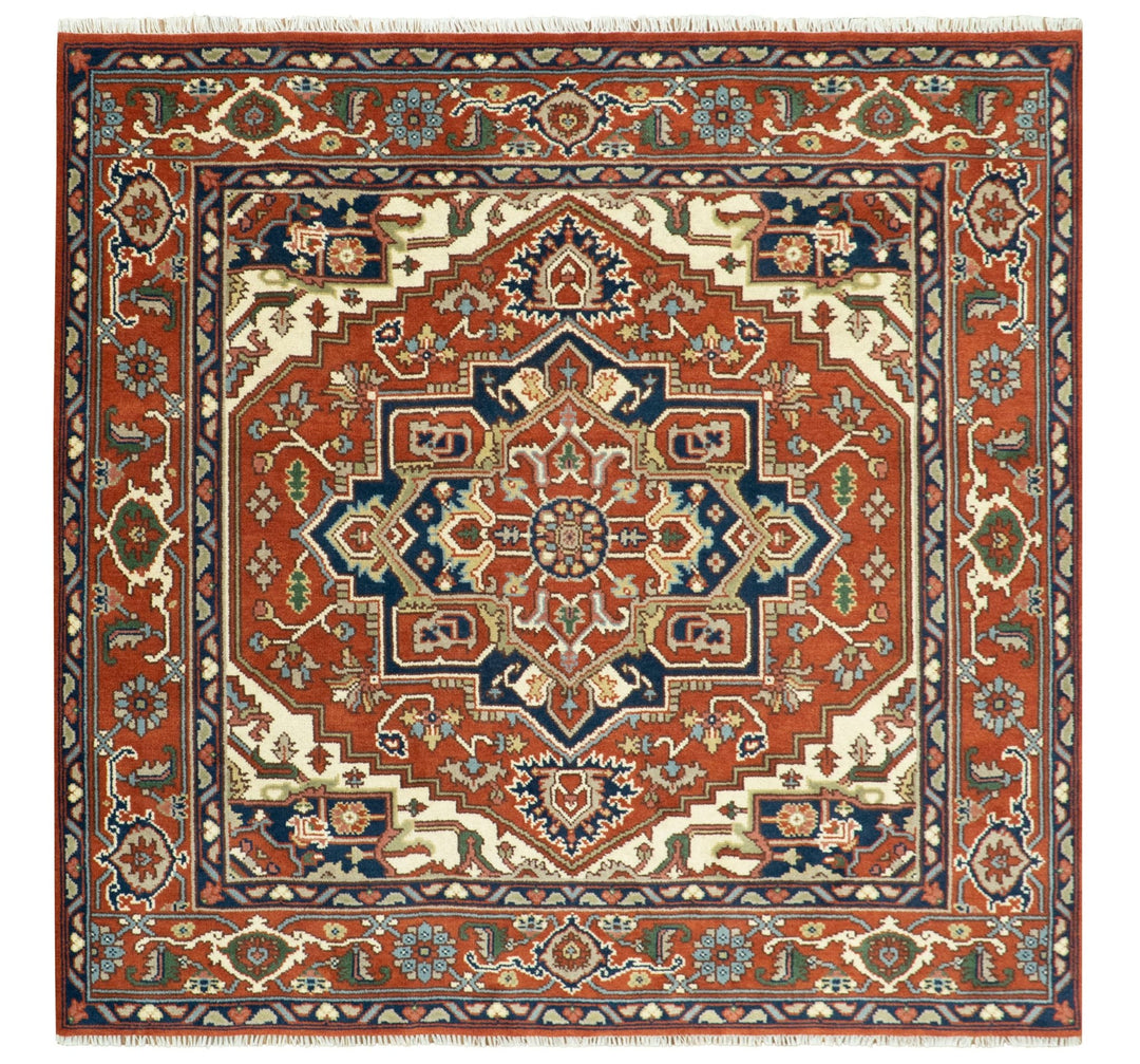 Custom Made Traditional Brown, Ivory and Blue Hand knotted Multi Size wool Area Rug - The Rug Decor
