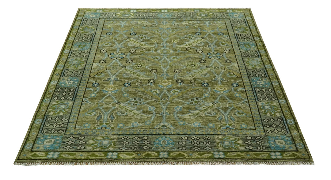 Custom Made Traditional Floral Green and Aqua Hand Knotted wool area rug - The Rug Decor