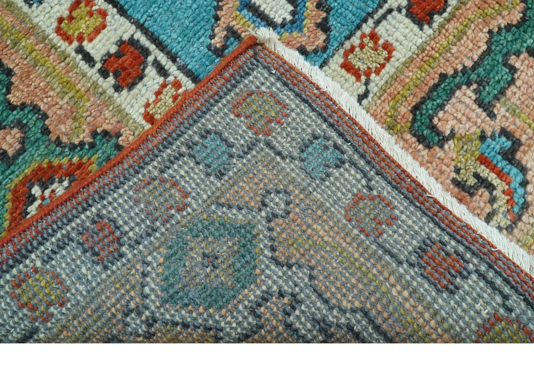 Custom Made Traditional Heriz Design Rust And Blue Hand Knotted Wool Rug - The Rug Decor